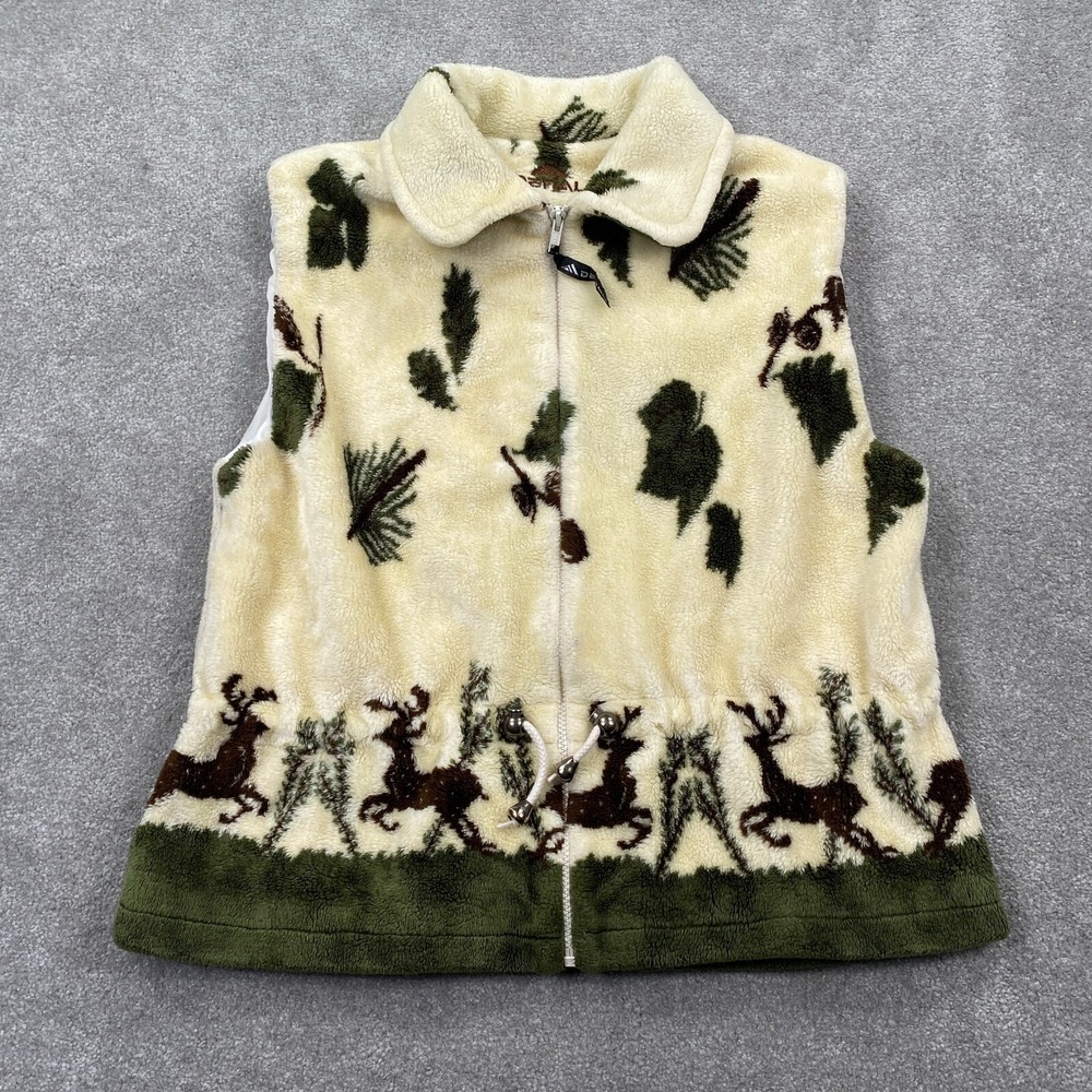 Denali Women's Full Zip Cinch Waist Deer Print Soft Vest Size XL Ivory Green